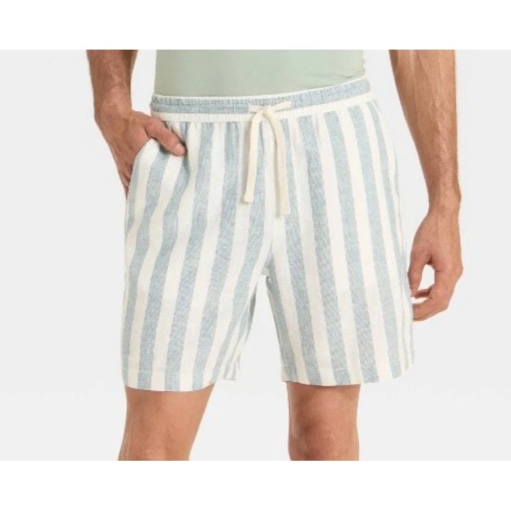 Linen Shorts Goodfellow Men's L Linen Pull White Green Striped Vacay Collection